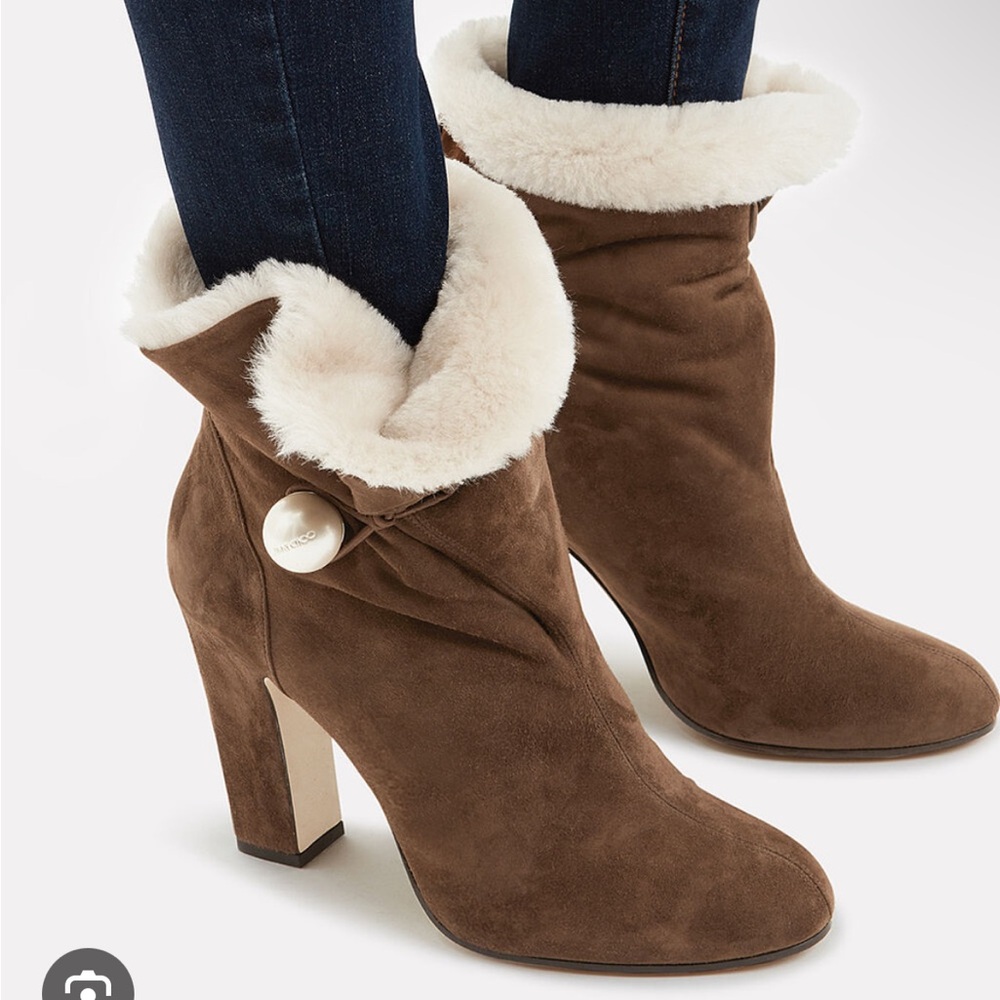 Jimmy Choo Bethanie Shearling lined brown suede bootie. Holiday party envy!!